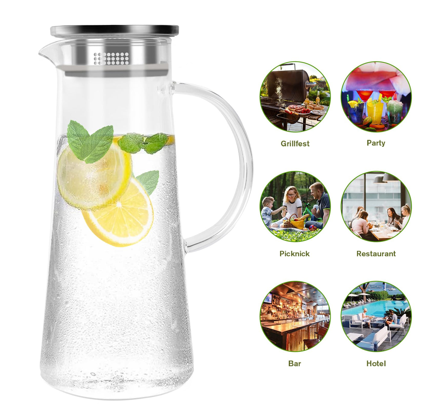 Wasserkaraffe Glas 1,5 L, Glaskaraffe mit Deckel, Wasserkrug mit Edelstahldeckel und Sieb, Glaskanne hitzebeständig für Selbstgemachte Kalte und Heiße Getränke