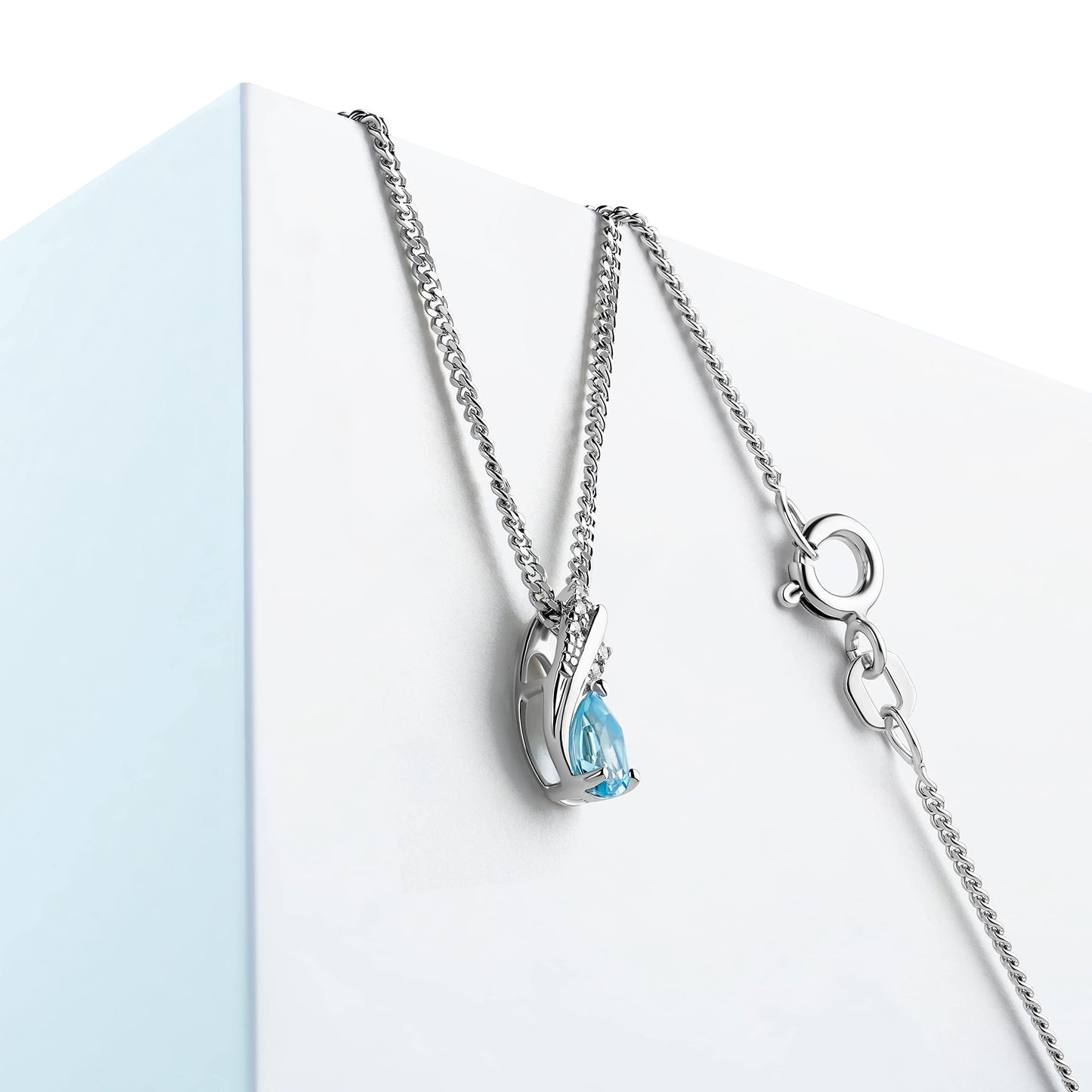 MIORE Schmuck, Halskette Damen Silber 925, Diamanten Blautopas Kette, Edelstein Kette mit natürlichen Topas Stein umgeben von Brillanten, Kettenanhänger Gold 9K 375, Silberkette Damen, 45 cm lang