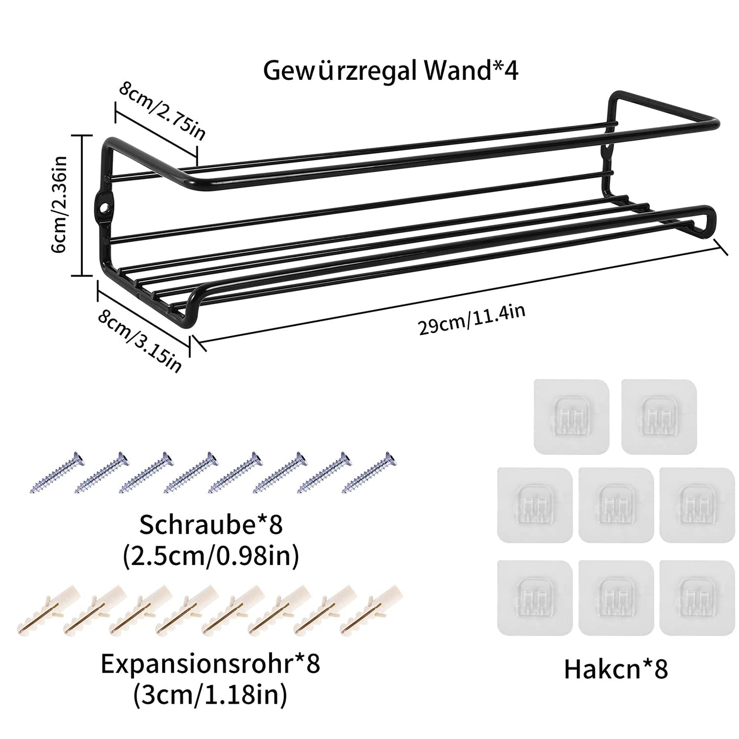Miorkly Gewürzregal Wand 4-Teiliges Metall Gewürzhalter, Schwarz Gewürzregal Hängend Ohne Bohren Schranktür, Gewürzregal Innenschrank Küchenschrank Küchenregal Wand Hängend Spice Rack-29×8×6CM