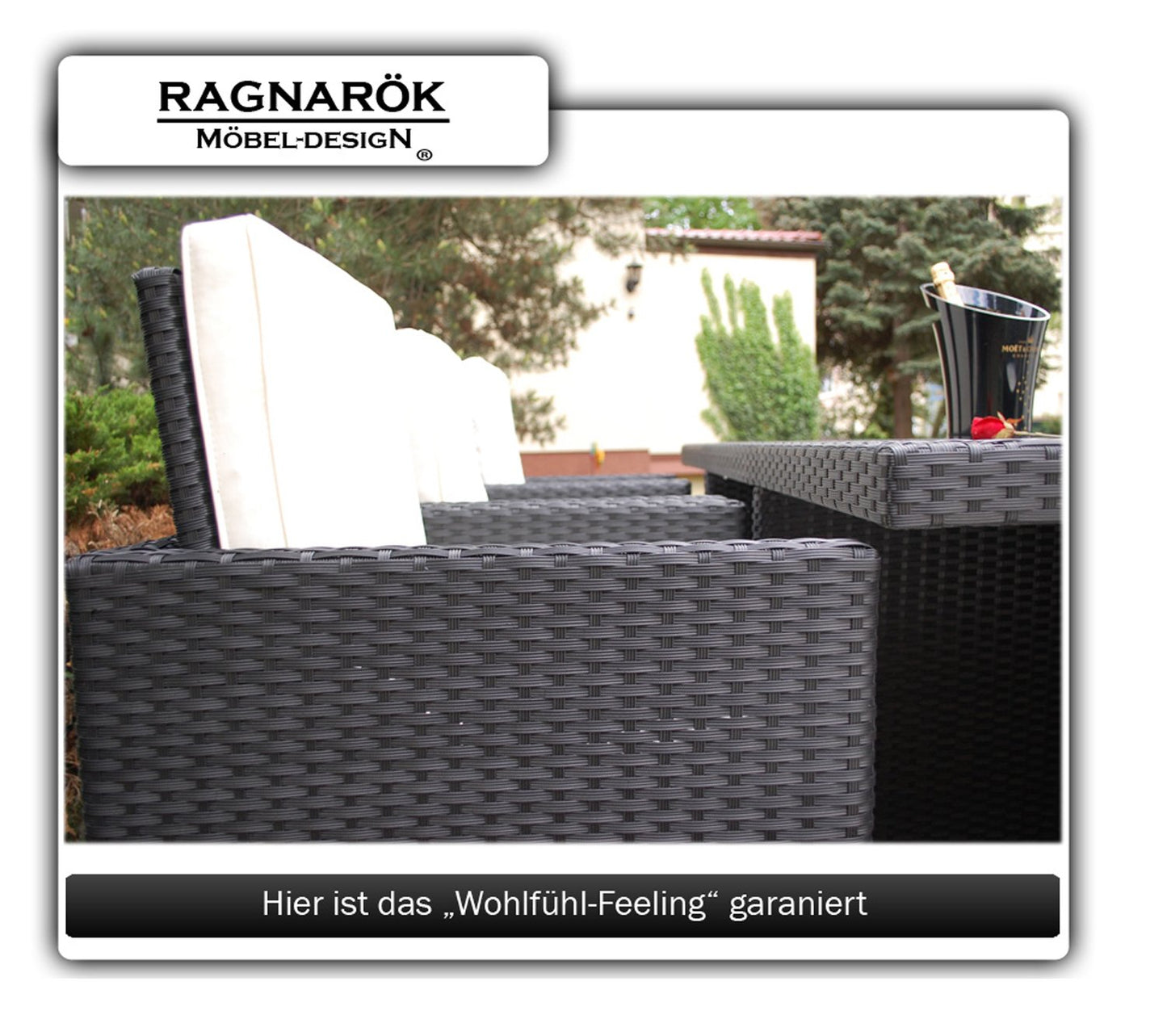 Ragnarök-Möbeldesign PolyRattan Essgruppe - DEUTSCHE Marke - EIGNENE Produktion - 8 Jahre GARANTIE - 6 Stuhl 4 Hocker Garten Möbel Glas Polster schwarz Gartenmöbel Dinning Aluminium Rostfrei
