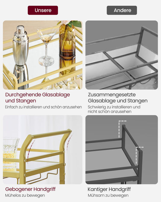 VASAGLE Servierwagen, 3 Ebenen, Rollwagen, mit Rollen, Griffen, verspiegelte Glasablagen, für kleine Räume, Küche, Esszimmer, Bar, goldfarben LRC091A62
