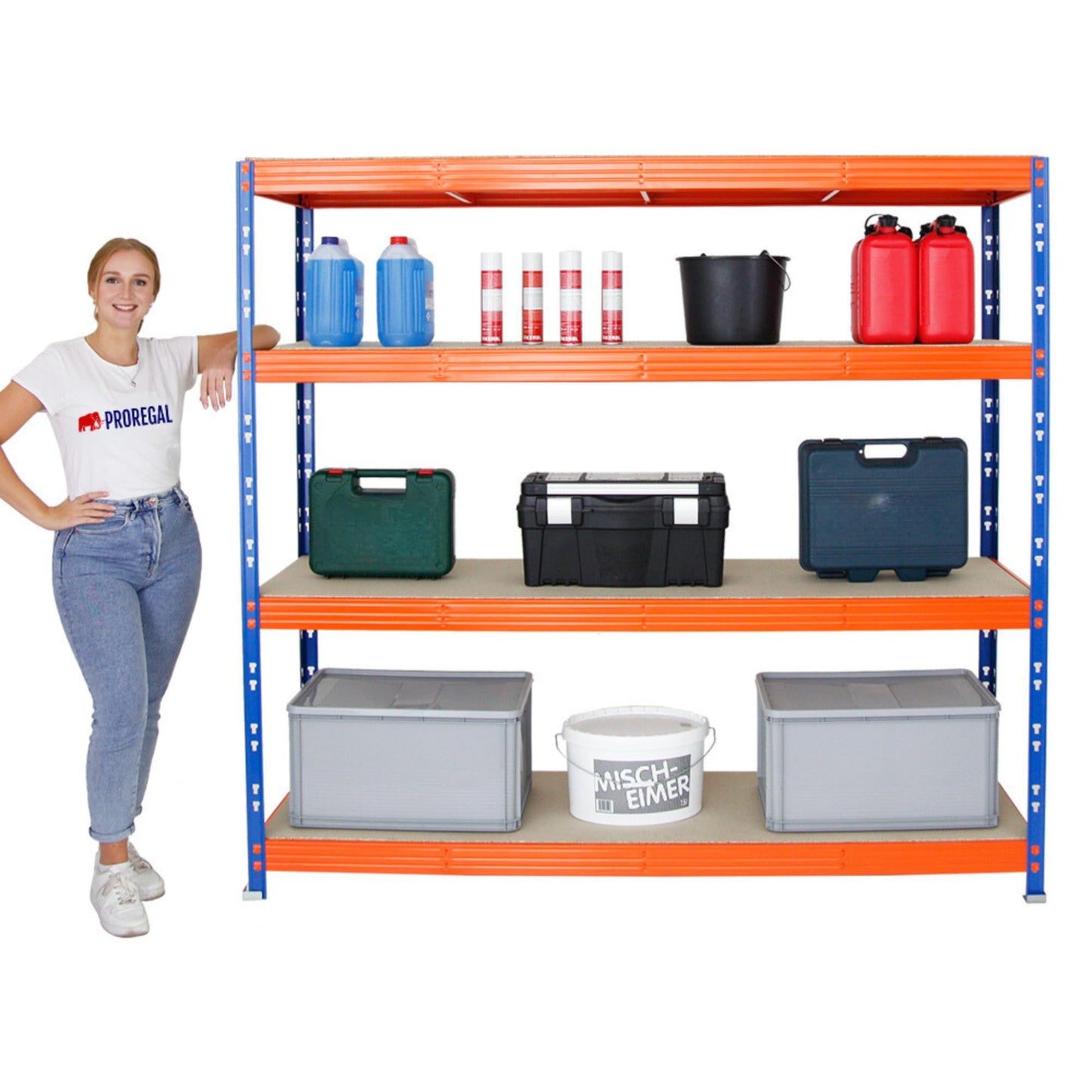 PROREGAL Profi Schwerlastregal Rhino EXTRA BREIT blau/orange HxBxT 180x200x60cm Fachlast 500kg 4X Spanplatten-Ebenen 8mm Garagenregal, Lagerregal, Steckregal, Weitspannregal