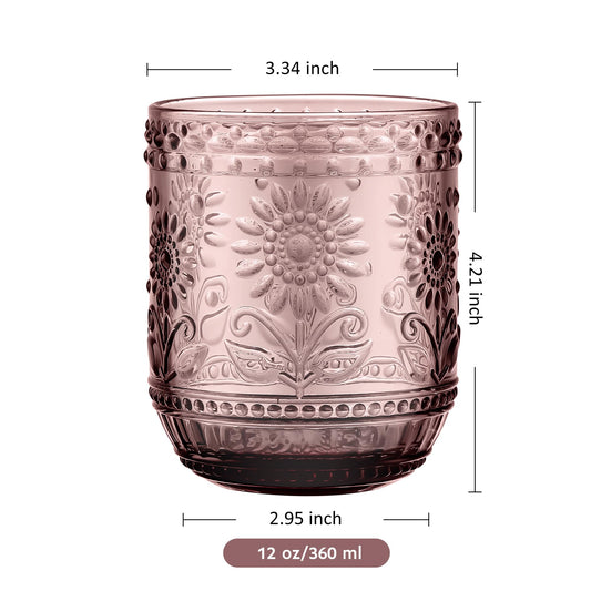 Joeyan Trinkgläser Set Bunte, 4 teiliges 360 ml Hochwertige Gläser Set für 4 Personen, Farbig Wassergläser Spülmaschinenfest, Saftgläser, Modernes Blume Embossed Design für Picknicks, Camping, Partys