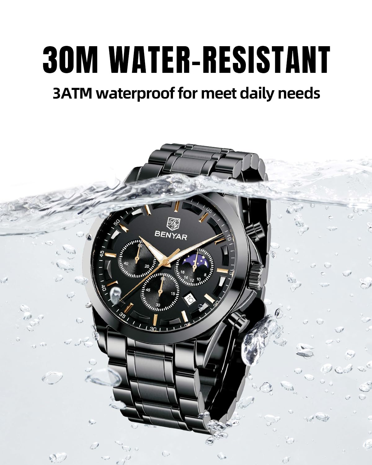 BENYAR Herren Uhr Chronograph Analog Quarz Stilvolle Edelstahlarmband Armbanduhr Wasserdicht Leuchtende Datum Herrenuhren Elegantes Business Uhren Geschenk für Männer