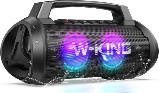 W-KING Bluetooth Lautsprecher, 120W Peak Stereo Sound, Musikbox mit BassUp, DSP, EQ, IPX6 Wasserdicht, LED-Licht, 42h Akku, MIC-in, Powerbank, Groß Bluetooth Party Boxen für Draußen, Camping, Garten