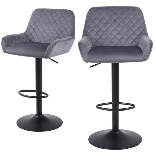 ralex-chair Barhocker 2er Set, Höhenverstellbare Drehbare Barhocker aus Samtstoff, Frühstücks-Esshocker mit Rückenlehne und Armlehne für Bar, Theke und Küche, Grau