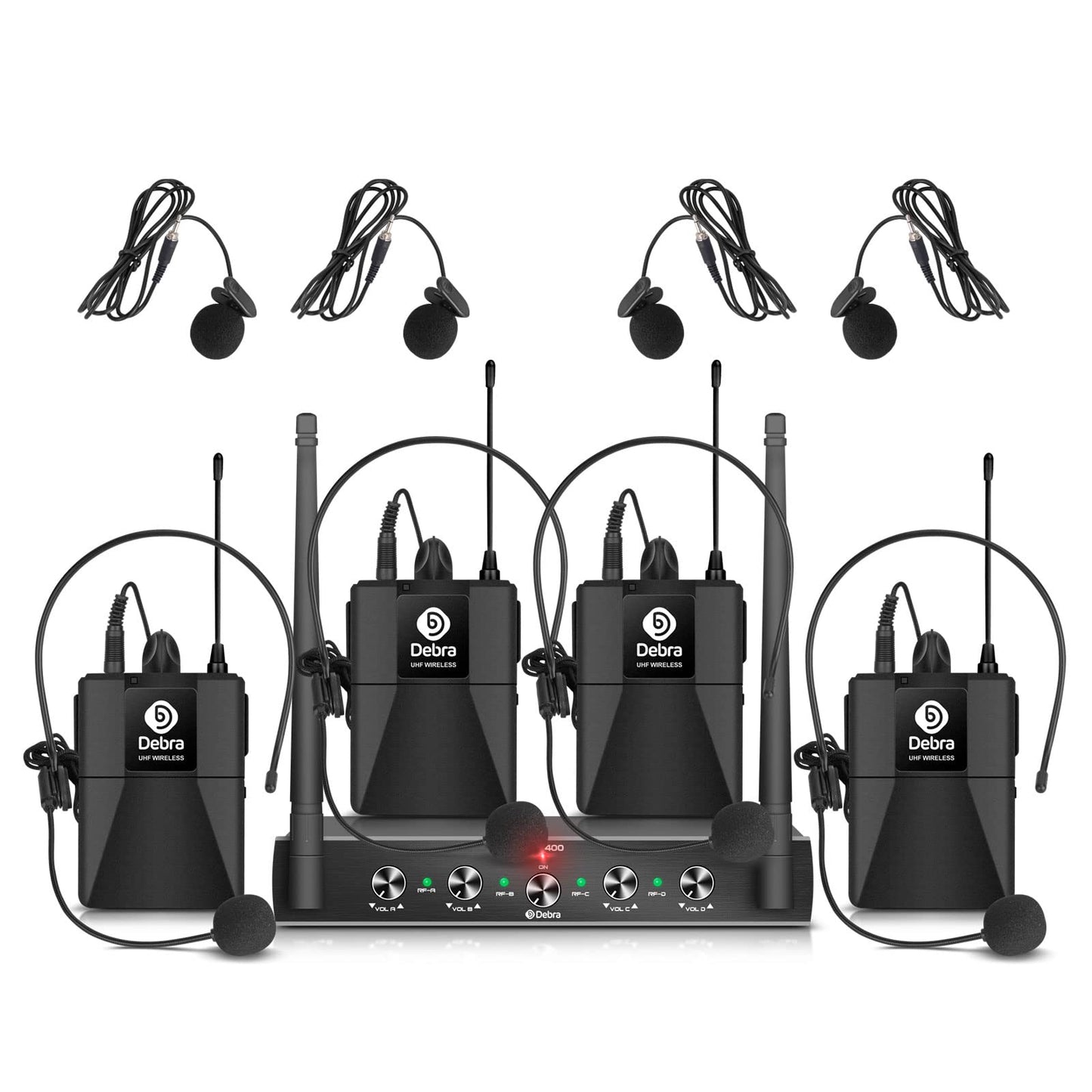 D Debra Wireless Microphone,AU400 UHF Funkmikrofonen System mit Bodypack Transmitter/Headset Funkmikrofon/Lavalier Ansteckmikrofonen für Gesang, Karaoke（4 Bodypack (B)）