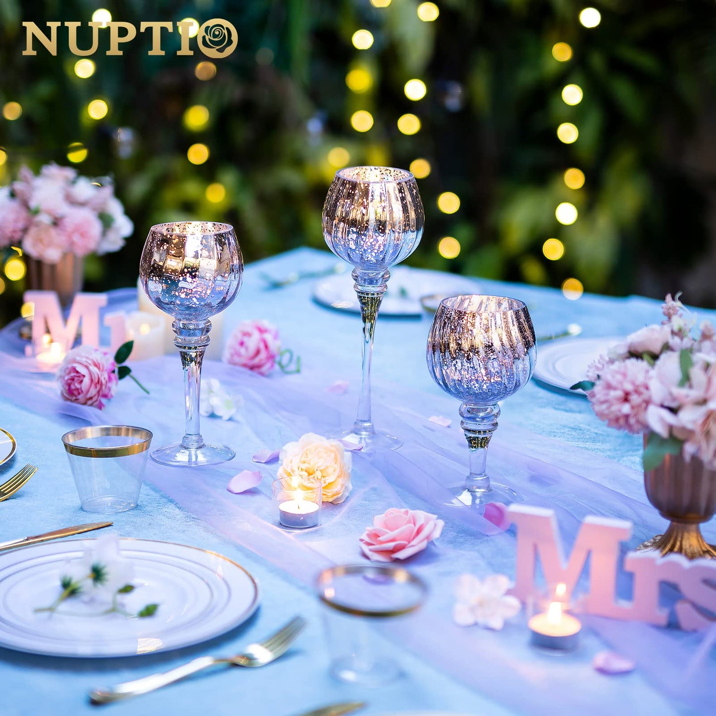 Nuptio Teelichthalter Glas 3 Stück Große Quecksilber Teelichter Kerzenständer Große Silberne Kerze Halter Glas Langen Stamm Säule Tisch Tafelaufsatz für Hochzeit Partei Weihnachten Mantel