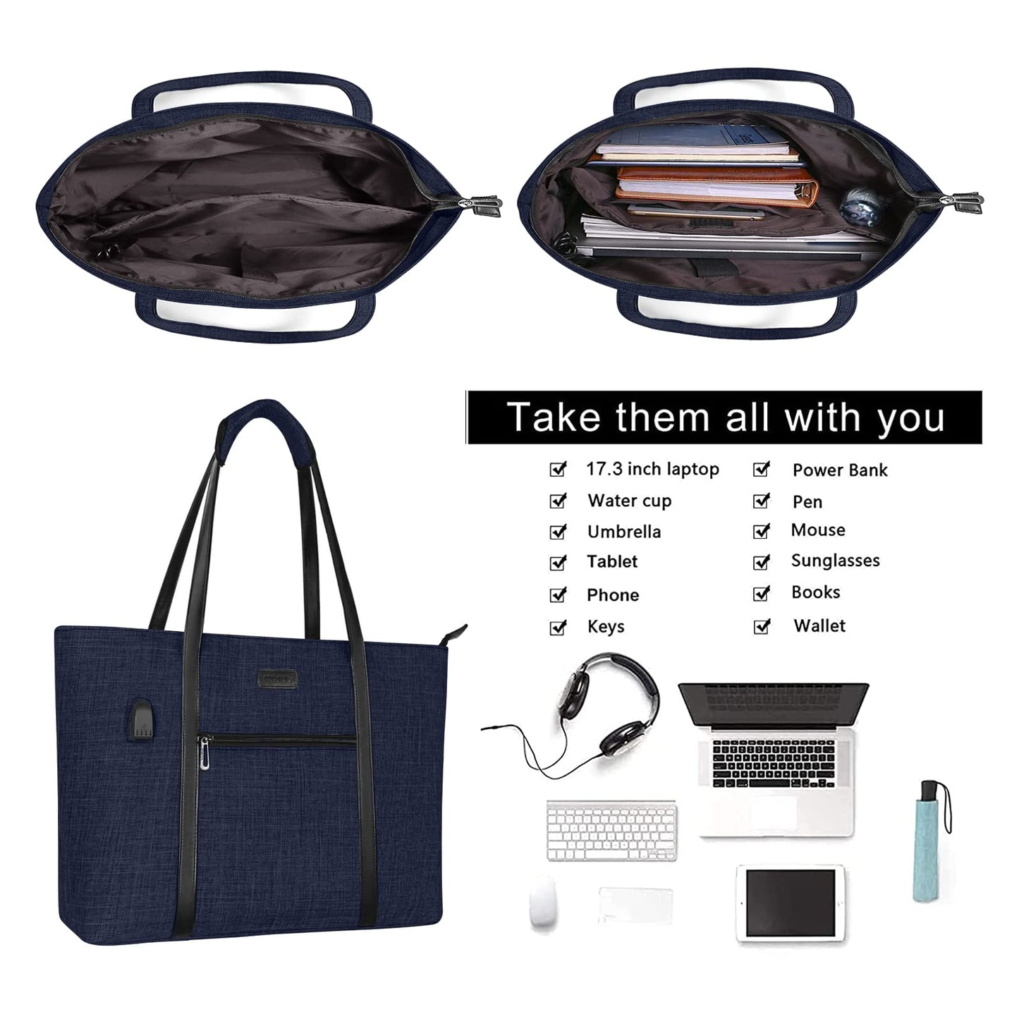 MOSISO USB Anschluss Laptop Tote Tasche für Frauen,Kompatibel mit MacBook,17-17,3 Zoll Notebook und Chromebook,Robuste Veranstalter Geschäftsreise Aktentasche mit kleiner Geldbörse,Navy Blau