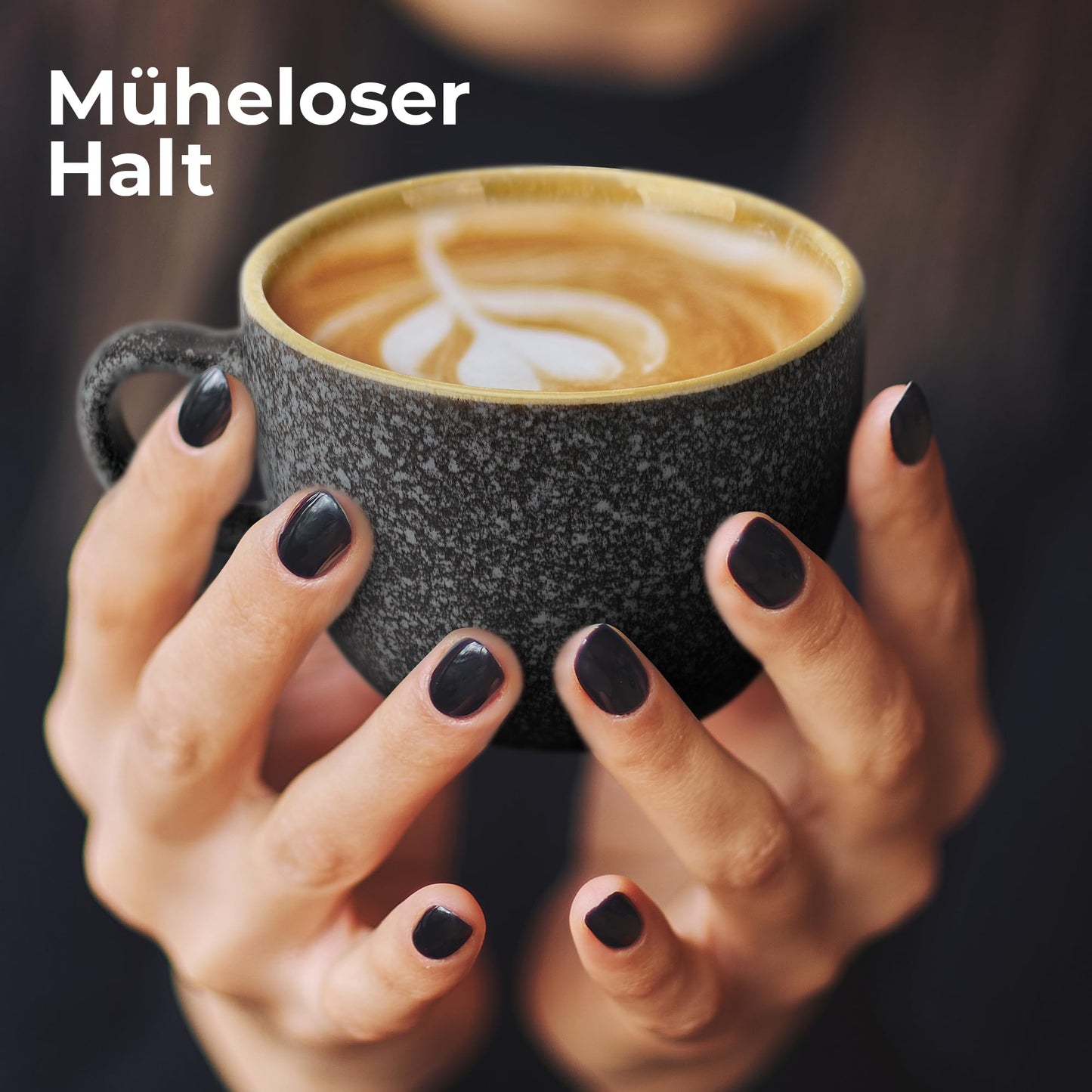 MIAMIO - 190 ml stapelbare Cappuccinotassen aus Keramik mit Untertassen und Metallständer - 6er Tassen aus Steingut für Kaffee, Americano, Latte, Café Mocha und Tee - Las Palmitas Collection