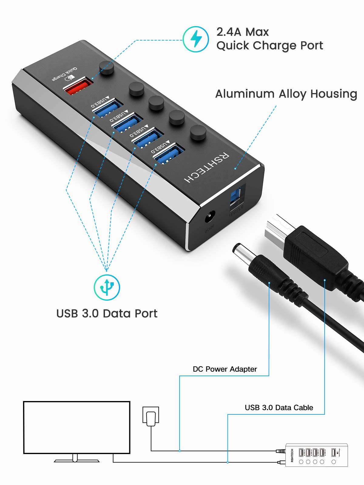 RSHTECH Aluminium USB Hub Aktiv 3.0 mit 24W Netzteil, mit 1*Schnellladeanschluss, 4*USB 3.0 Datenanschlüssen, 5-Port USB Verteiler mit 12V/2A Netzteil, für Aufladen und Datenübertragung, RSH-A35