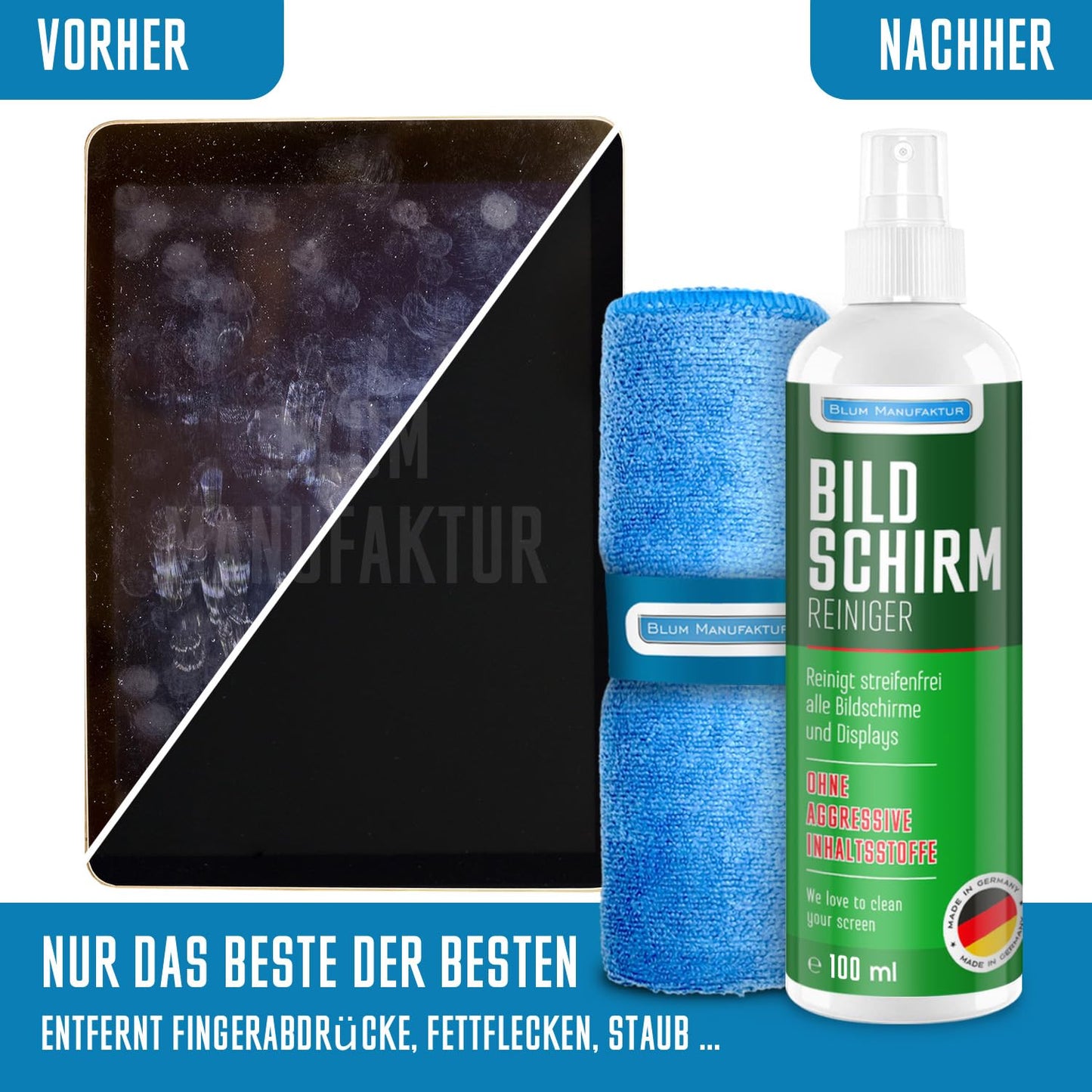 BLUM MANUFAKTUR 1x 100ml Bildschirmreiniger + 30x30 cm Mikrofasertuch Supersoft 365GSM - Screen Cleaner - Display Reiniger - Absolut streifenfreie Reinigung von Handy, Laptop, PC, TV