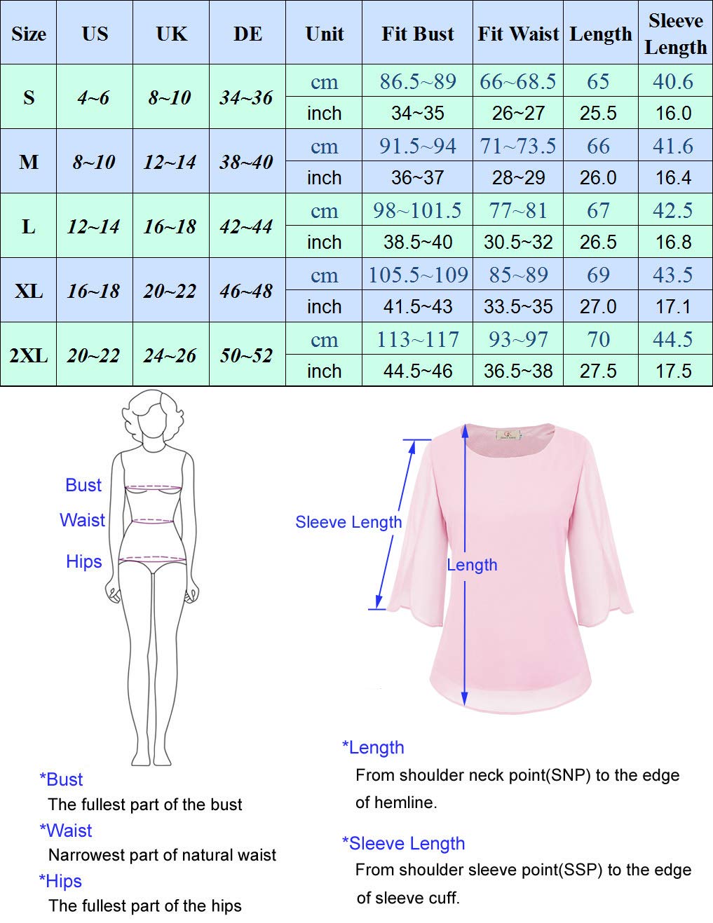 Damen Elegant Chiffon Bluse 3/4 Ärmel Oberteile Langarmshirt Rundhals Tops Casual Shirt 2XL Schwarz CLAF15-3