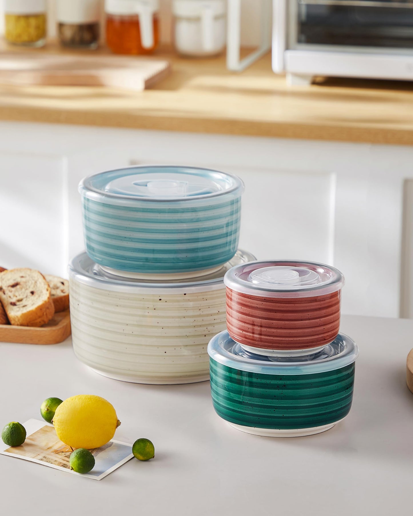 vancasso Bonbon Keramik-Schalen mit Deckel, mikrowellengeeignet, Lebensmittelbehälter für Vorbereitung, Salat, Suppe, Nudeln, Kochen und Servieren, 4 Stück (152 ml, 36 ml, 20 ml, 284 ml), mehrfarbig