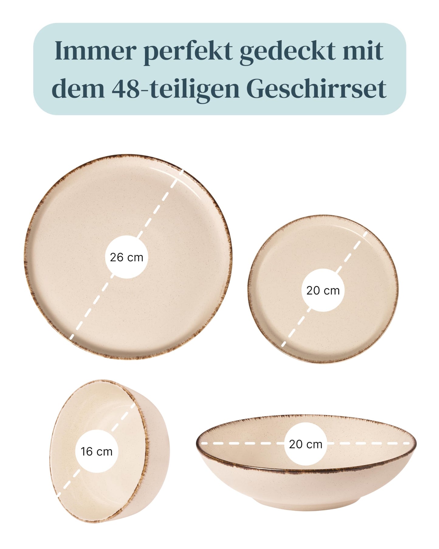 Steingut Geschirrset 12 Pers. Rustic 48-tlg Hochwertiges Landhausstil TEST SEHR GUT Steingut Geschirr Set - Schüssel- und Teller Set - Tafelservice 12 Personen Geschirrsets Pure Living in beige