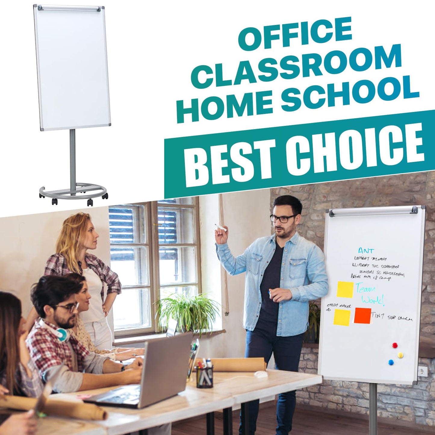 MAKELLO Flipchart 70x100cm Mobiles Whiteboard auf Rollen, Magnetisch Trocken Abwischbar, Höhenverstellbar, Rundfuß, Flip Chart Board für Büro