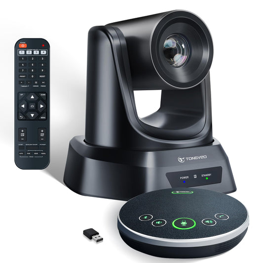 TONGVEO Konferenzraum-Kamera-System mit Bluetooth-Mikrofon, 3X 1080P 60fps USB HDMI PTZ Video-Kamera-Kit für Meeting Ausbildung Kirche funktioniert mit Microsoft Teams, Zoom, OBS, PC(Cam + Mic)