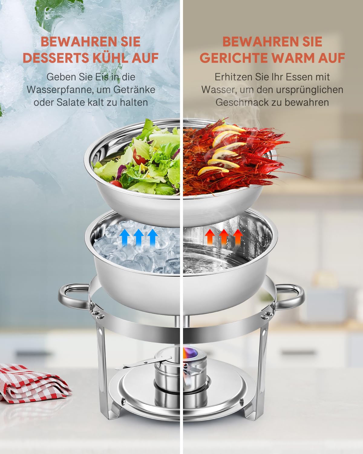 Wilprep 2er Set Rund Chafing Dish Set 5L Speisenwärmer Edelstahl Buffet Wärmebehälter Suppenwärmer Bain Marie Speisen Warmhaltebehälter für Restaurants, Buffets, Schulen