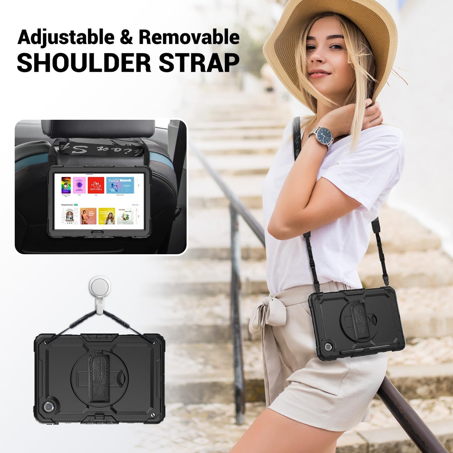 SEYMAC Hülle für Lenovo Tab M11 2024 (TB-330FU/TB-331FC), Stoßfeste für Lenovo Tab M11 Hülle mit Displayschutzfolie, 360° Drehbarer Ständer und Handschlaufe, Schultergurt, Stifthalter, Schwarz