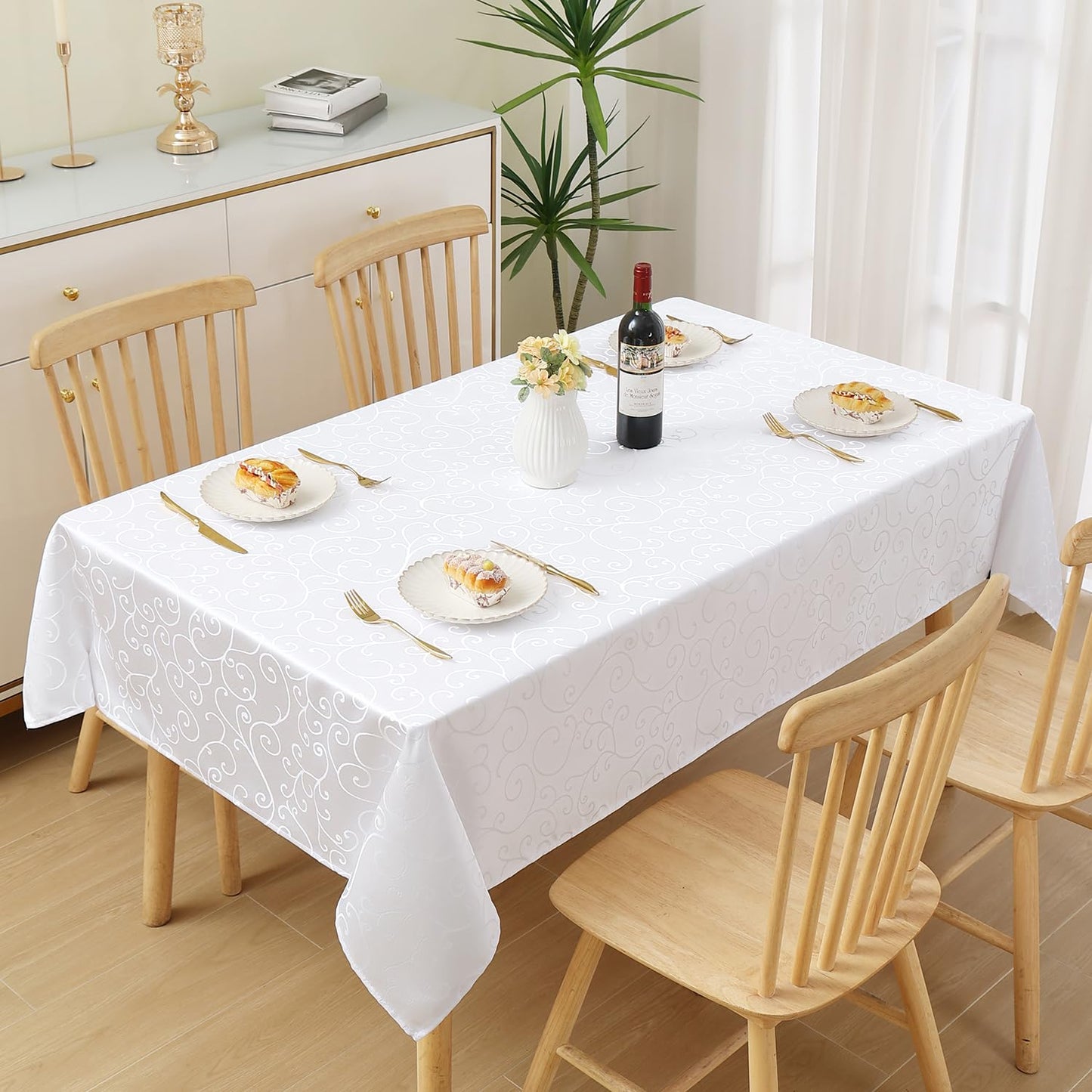 Homaxy Tischdecke Abwaschbar Rechteckig 140x240cm Polyester Tischtuch Tafeldecke Jacquard Tischwäsche Ornamente Schmutzabweisend Pflegeleicht, Weiß