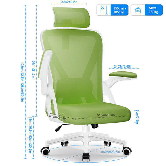 Daccormax Bürostuhl, Bürostuhl Ergonomisch mit Einstellbarer Kopfstütze, Weiche Lendenwirbelstütze und Klappbare Armlehnen Schreibtischstuhl Drehstuhl Wippfunktion, Chefsessel, Rückenschonend