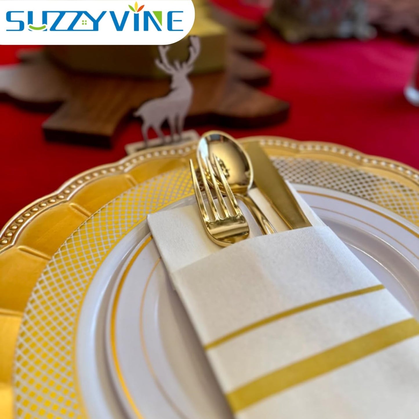 SUZZYVINE Goldene Einweg-Servietten mit integrierter Bestecktasche, Stoffähnliche Lunch-Servietten für Hochzeit, Party, Leinen-Gefühl, 50 Stück, 40,6 x 40,6 cm