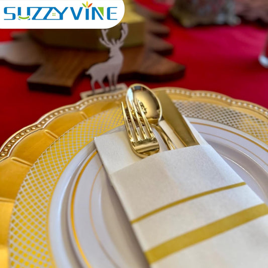 SUZZYVINE Goldene Einweg-Servietten mit integrierter Bestecktasche, Stoffähnliche Lunch-Servietten für Hochzeit, Party, Leinen-Gefühl, 50 Stück, 40,6 x 40,6 cm