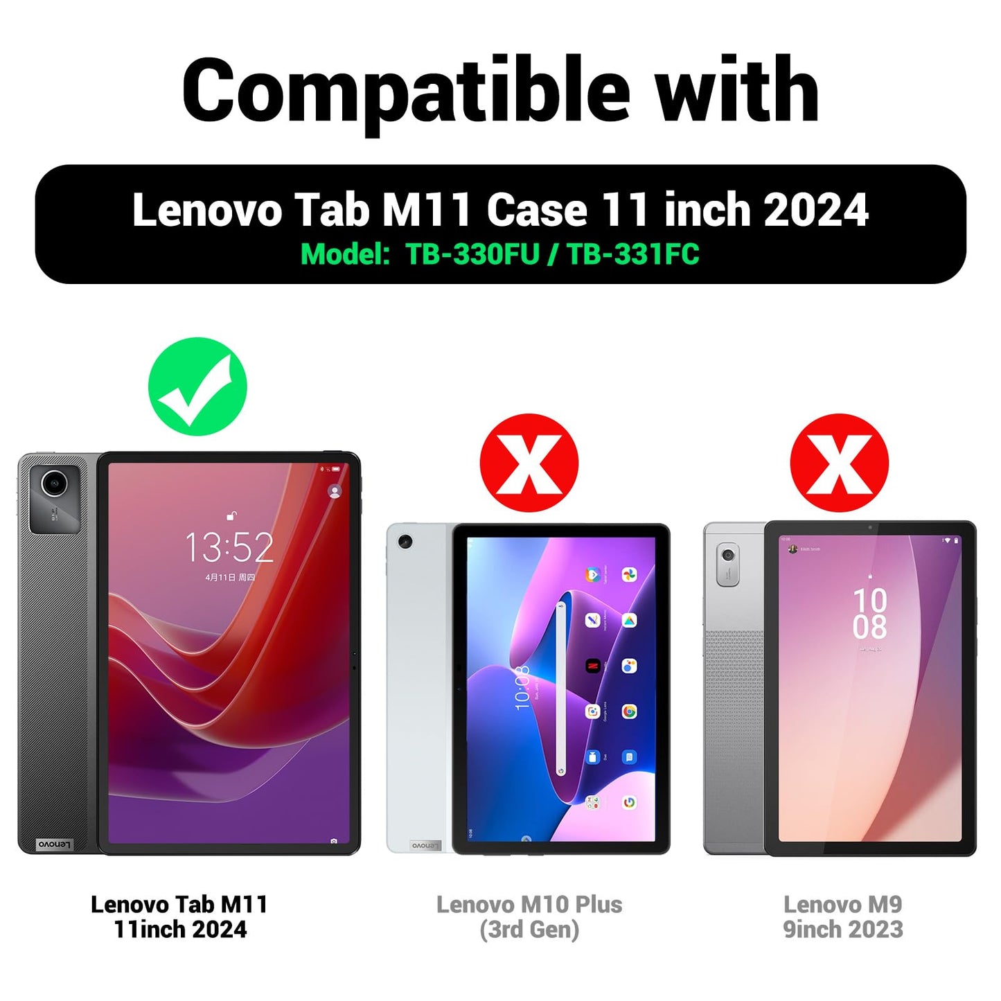 SEYMAC Hülle für Lenovo Tab M11 2024 (TB-330FU/TB-331FC), Stoßfeste für Lenovo Tab M11 Hülle mit Displayschutzfolie, 360° Drehbarer Ständer und Handschlaufe, Schultergurt, Stifthalter, Schwarz