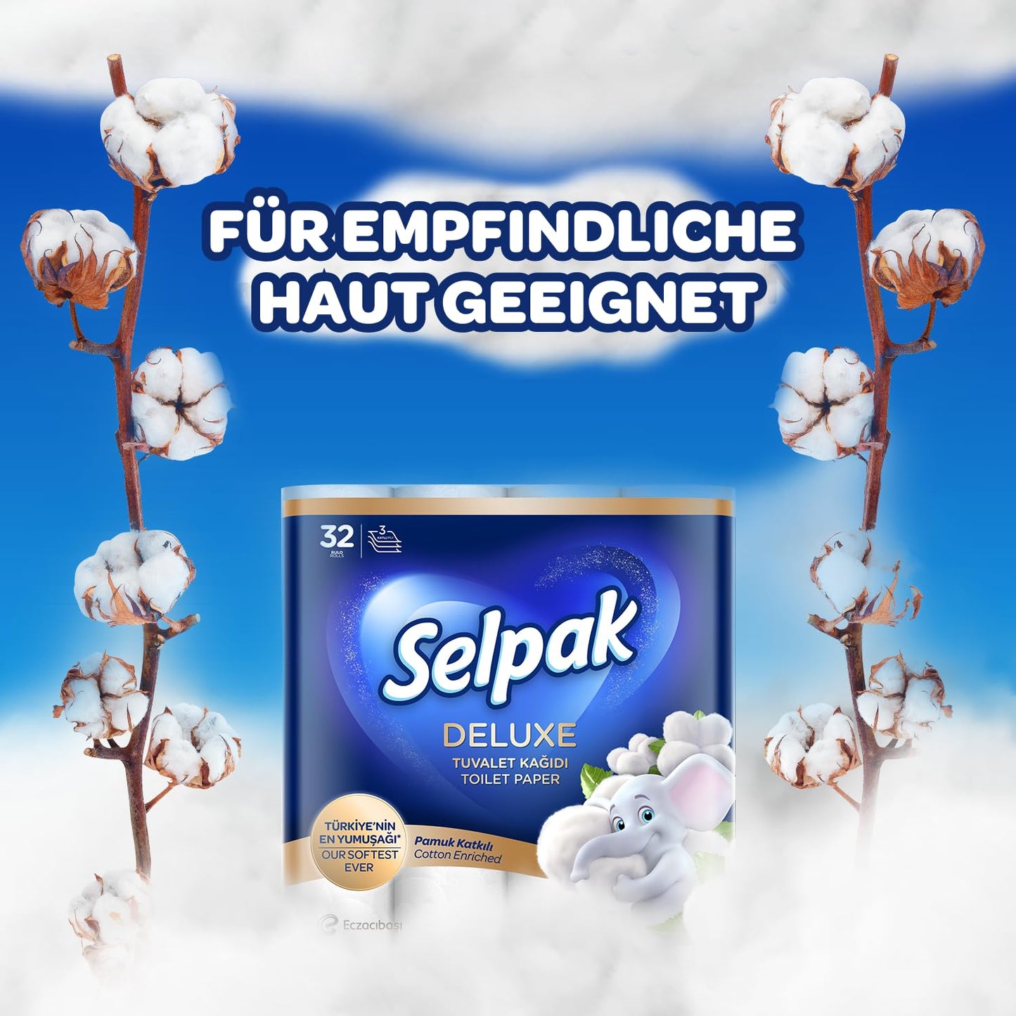 Selpak Deluxe Toilettenpapier 3-lagig, 4160 Blatt Klopapier Mit Baumwollfasern, Extra Weich und Stark, Toilet Paper, Wc Papier, 96 Rollen (3 x 32 Rollen)