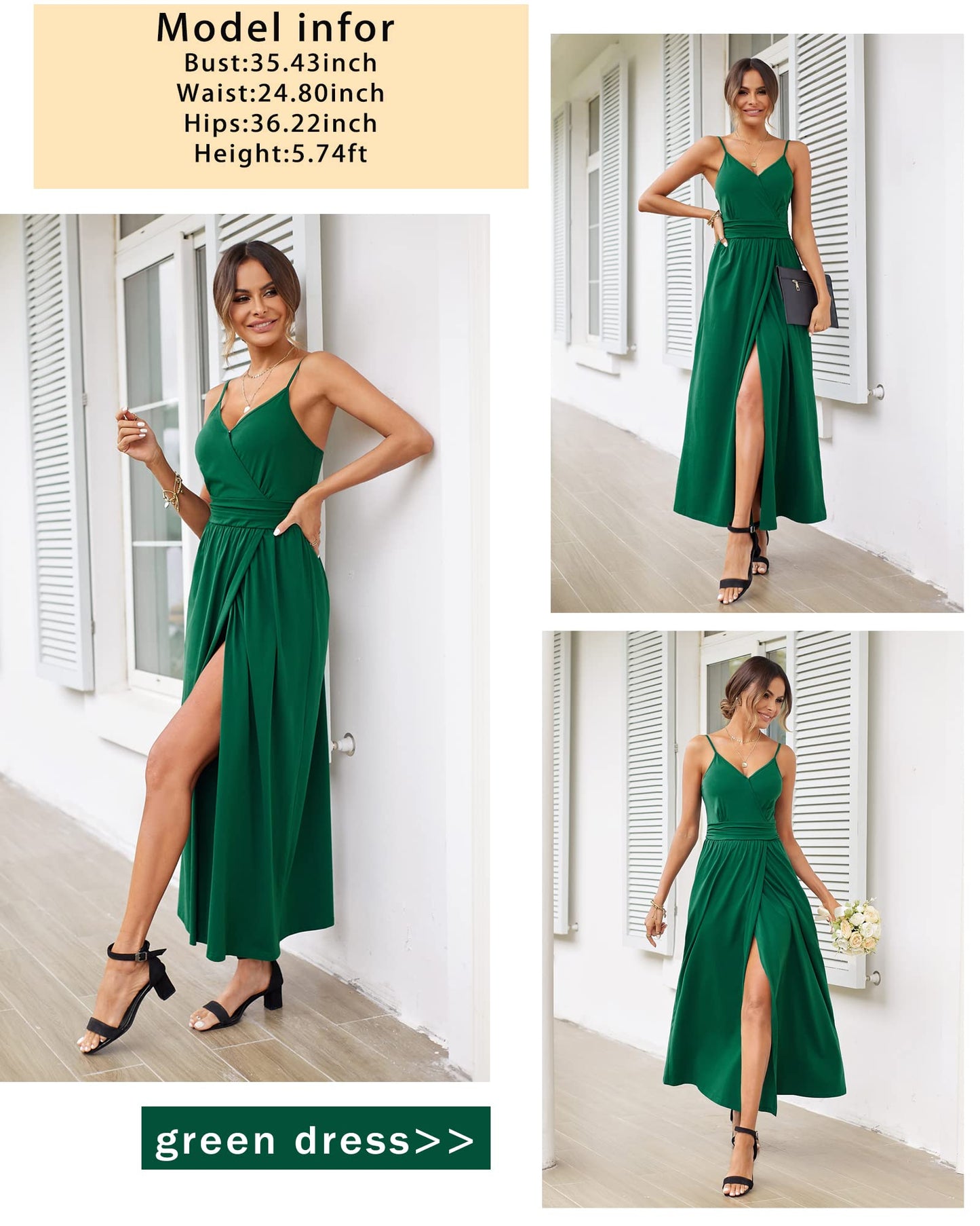 Newshows Sommerkleid Damen Lang Maxikleid Sommer V Ausschnitt Kleid Schlitz Freizeitkleid Elegant für Hochzeitsgast (Grün,Groß)