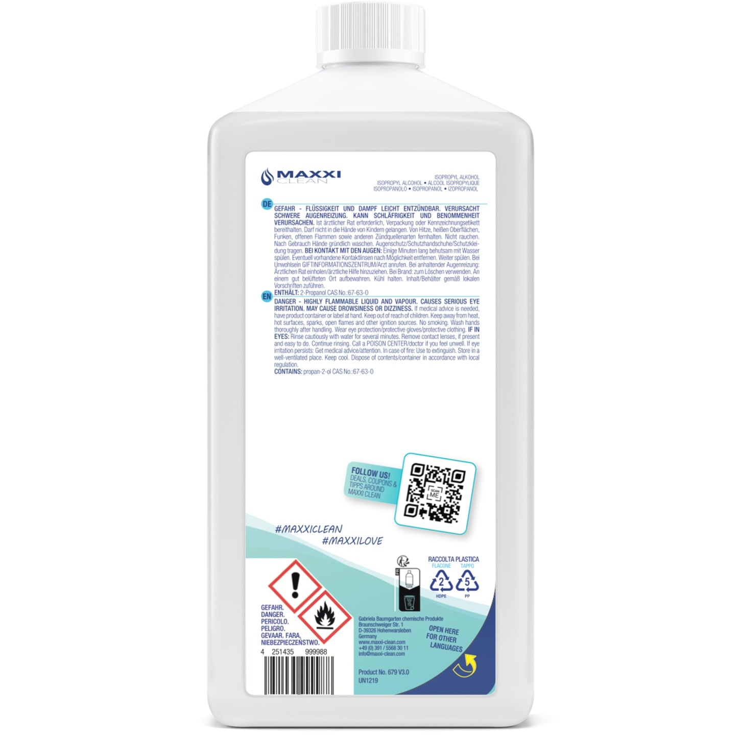 Maxxi Clean | Reines Isopropanol (99,9%) Reinigungsalkohol | 1x 750 ml Fettlöser & Lösungsmittel | rückstandsfrei anwendbar zur Reinigung von elekt. Bauteilen, Schallplatten, Druckköpfen und mehr