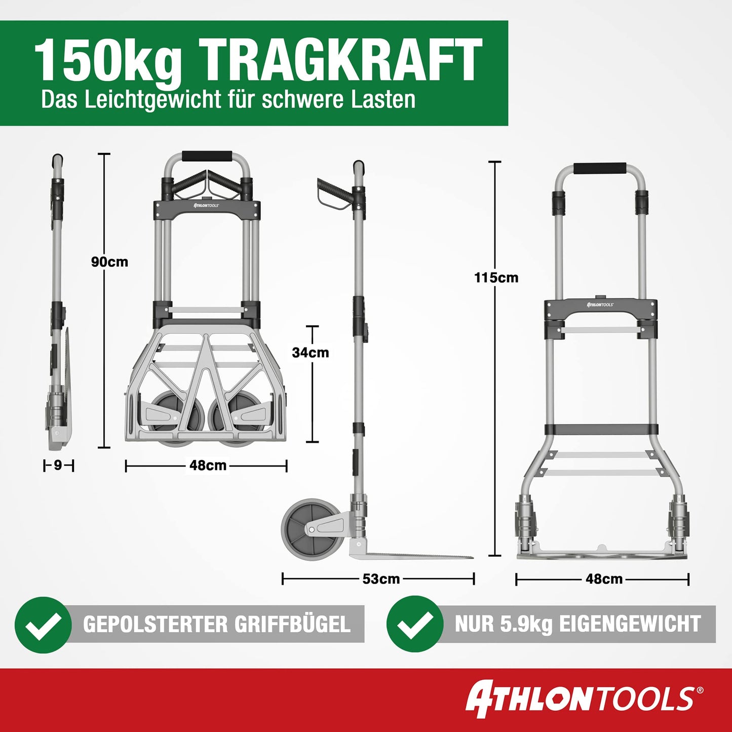 ATHLON TOOLS Schwerlast-Sackkarre klappbar 150 kg - Aluminium - Große Räder leichtgängig mit Soft-Laufflächen und Kugellager, 2 Expanderseile - Modell 2024