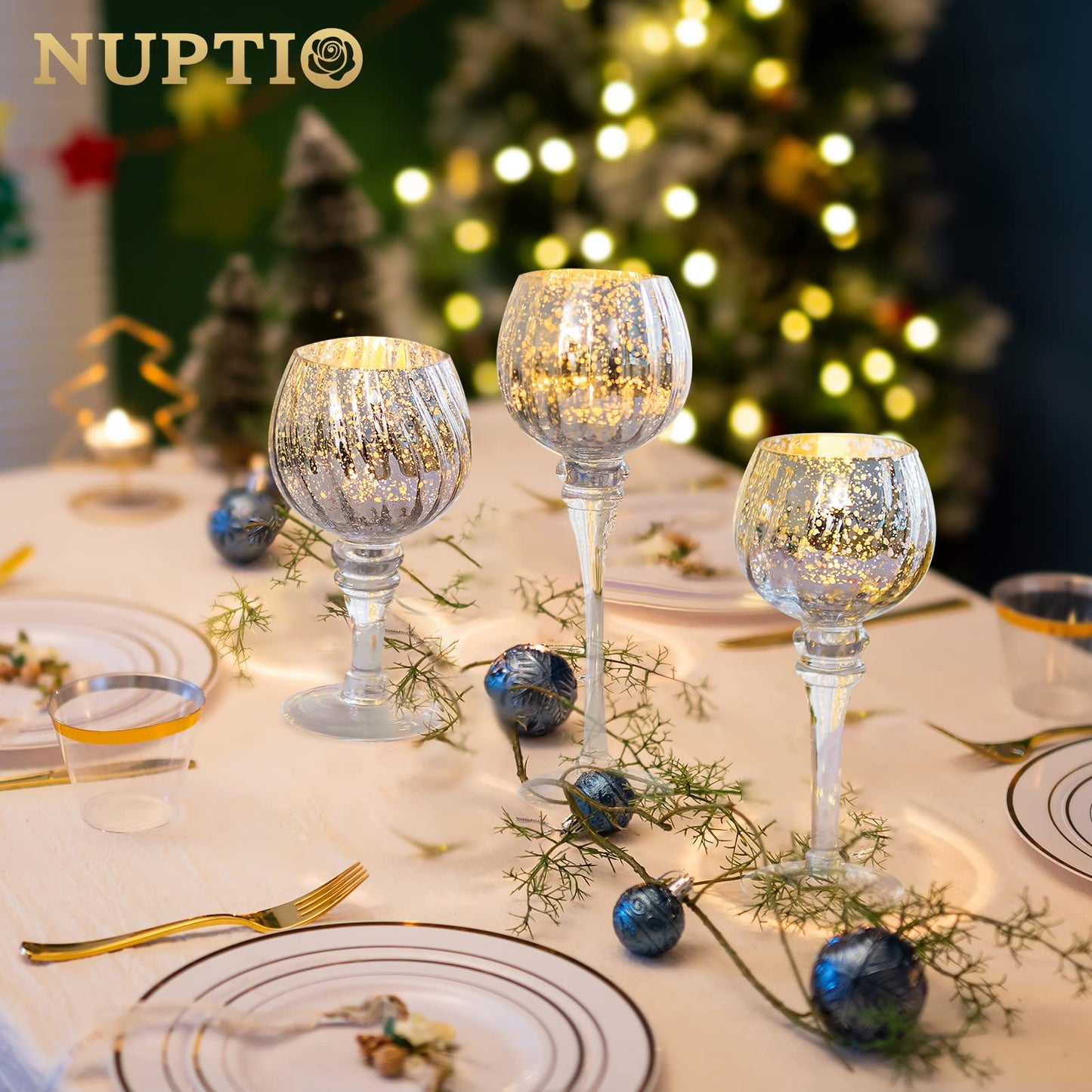 Nuptio Teelichthalter Glas 3 Stück Große Quecksilber Teelichter Kerzenständer Große Silberne Kerze Halter Glas Langen Stamm Säule Tisch Tafelaufsatz für Hochzeit Partei Weihnachten Mantel