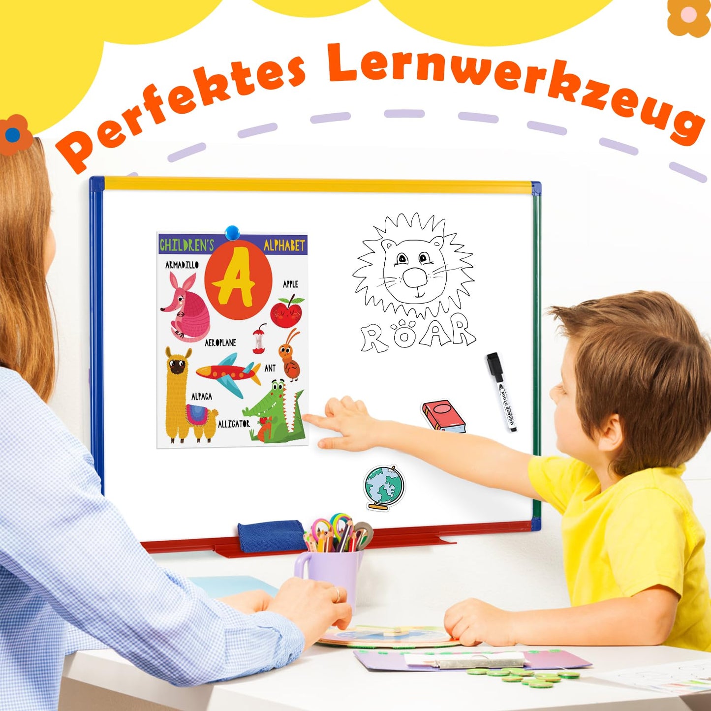 Swansea Whiteboard für Kinder, 60x45cm, Doppelseitig, Kleine Magnettafel Kinder Wand mit Maker für Schüler, Klassenzimmer, Schulmaterial, Lernen