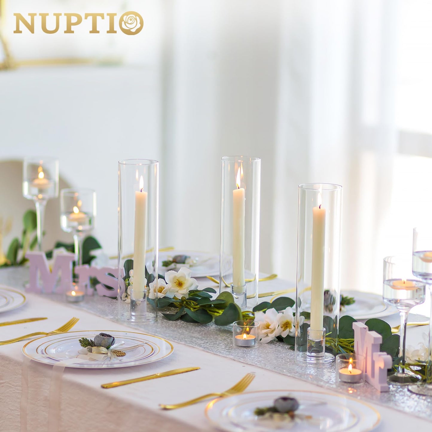 NUPTIO Glaszylinder für Kerzen Kerzenhalter Klarglas - Satz von 2 Kerzenständer Stabkerzen Stabkerzenhalter Groß Bodenlosen Zylinder Schatten Hochzeit Party Tisch Tafelaufsatz Dekor