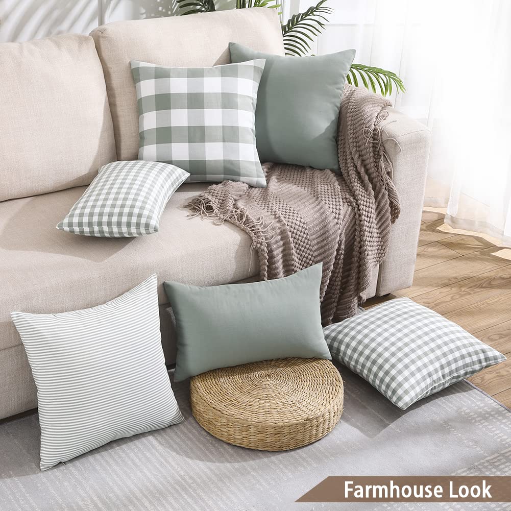CARRIE HOME Farmhouse Salbeigrün Plaid Kissenbezüge 45.7x45.7 cm, 4er-Set Frühling Neutral Wurfkissen, Hellgrün kariert, dekorativer Kissenbezug für Innenbereich, Couch, Bett oder Veranda, Grau,Grün