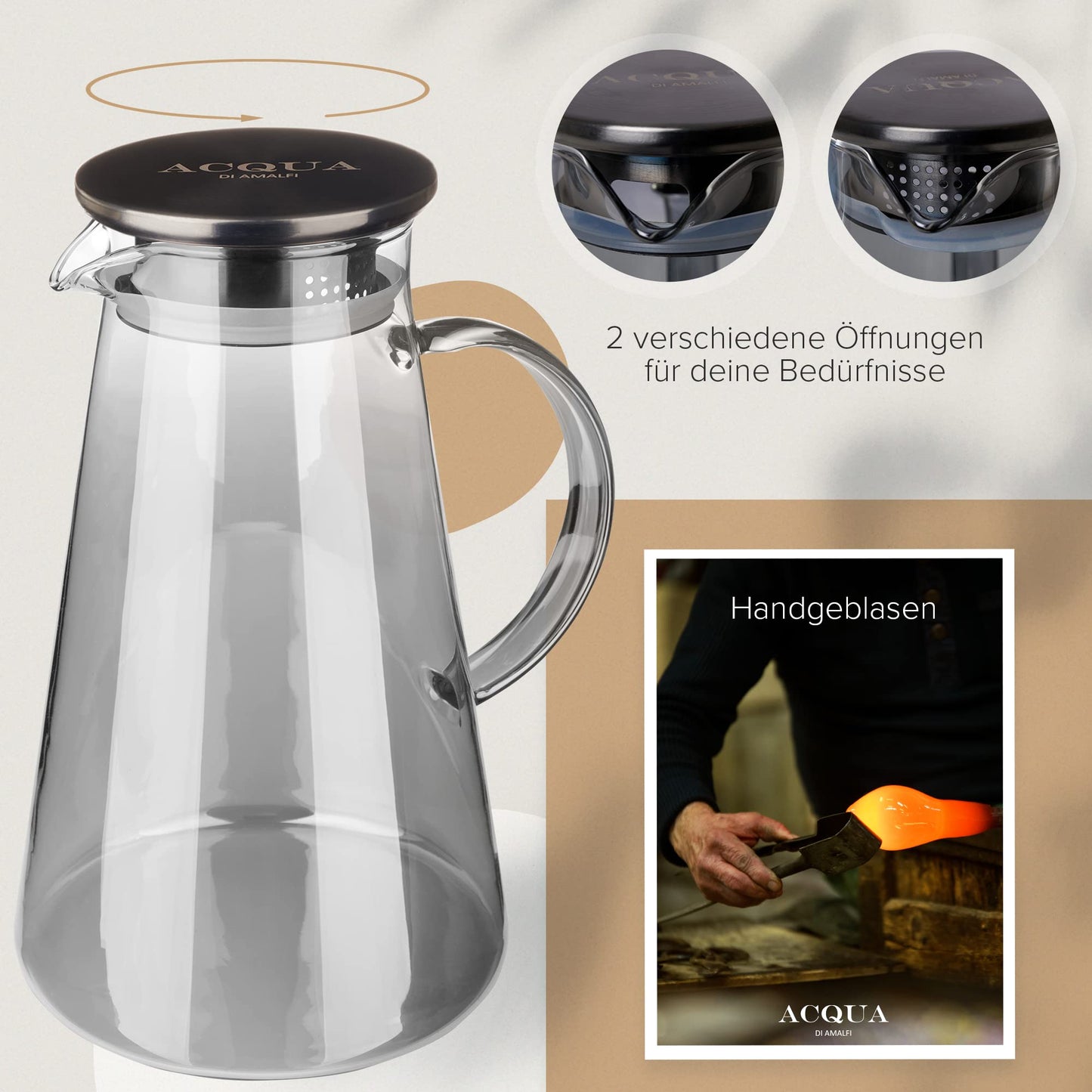 ACQUA DI AMALFI® Glaskaraffe | Wasserkaraffe 2 Liter mit Edelstahl/Bambus Deckel | Wasserkrug mit Fruchteinsatz | Auslaufsicher | Karaffe auch als Teekanne (BLACK/BLACK)