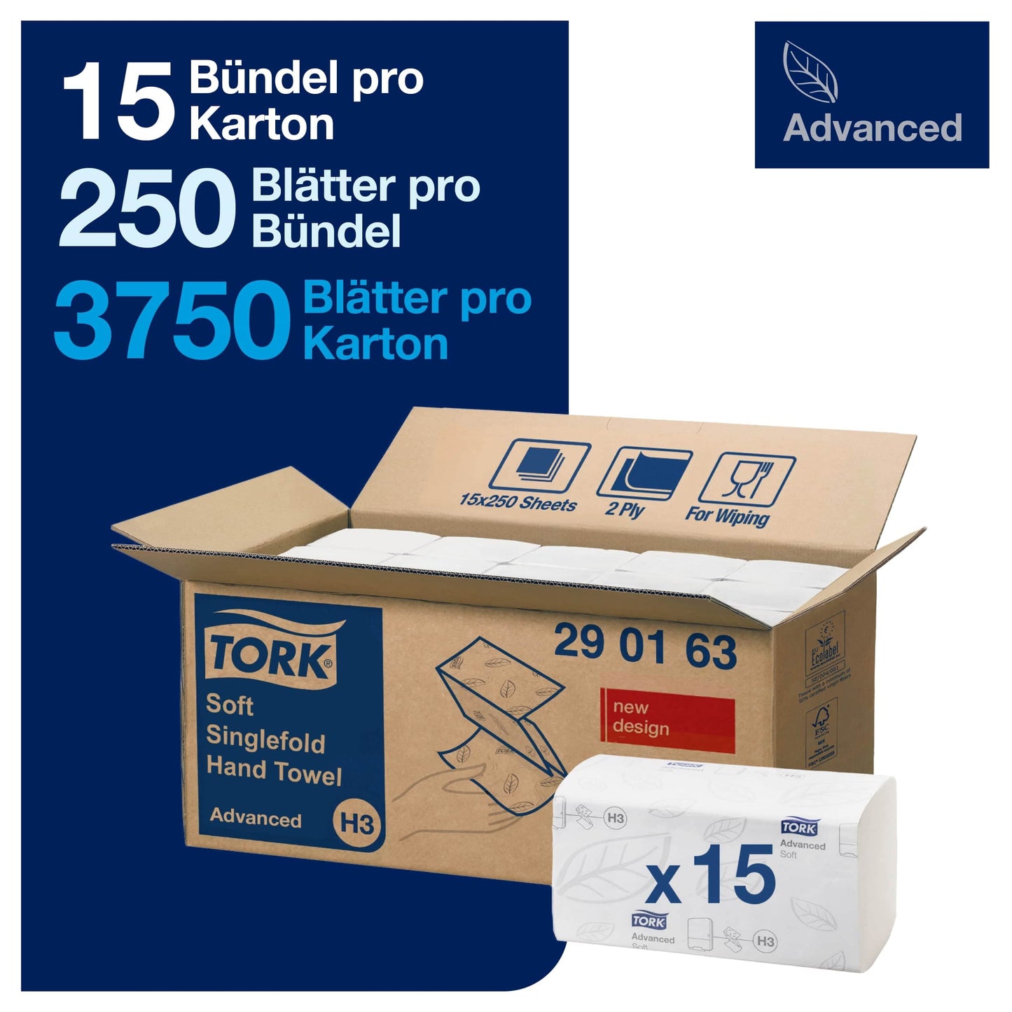 Tork Zickzack Papierhandtücher Advanced 290163 - H3 Falthandtücher für Papierhandtuchspender - saugfähig und reißfest, 2-lagig, weiß, groß - 15 x 250 Tücher