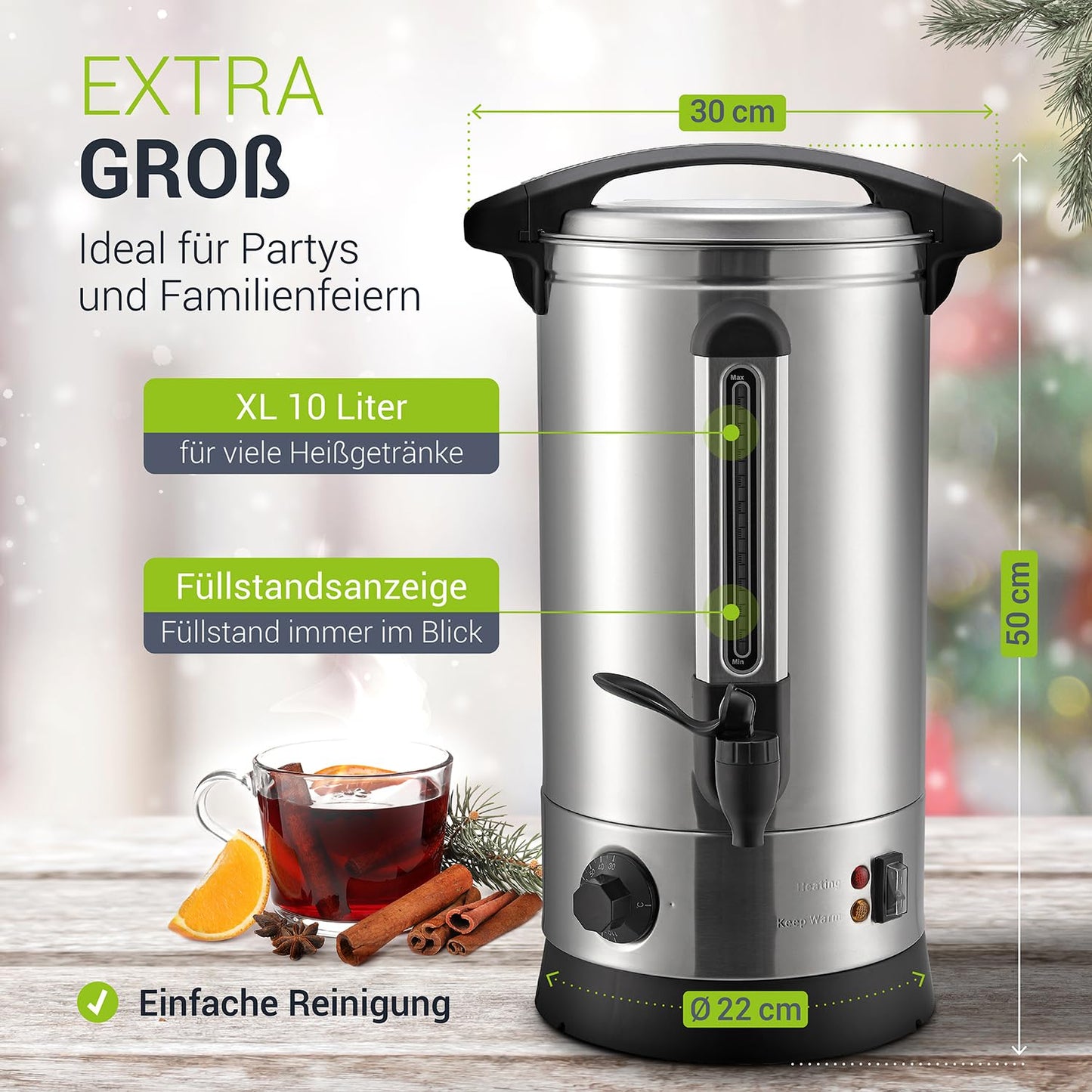 Juskys Teramo Glühweinkocher 10L, Edelstahl, 1500W, mit Zapfhahn, Thermostat 30-110°C, Heißgetränkespender für Glühwein und Punsch