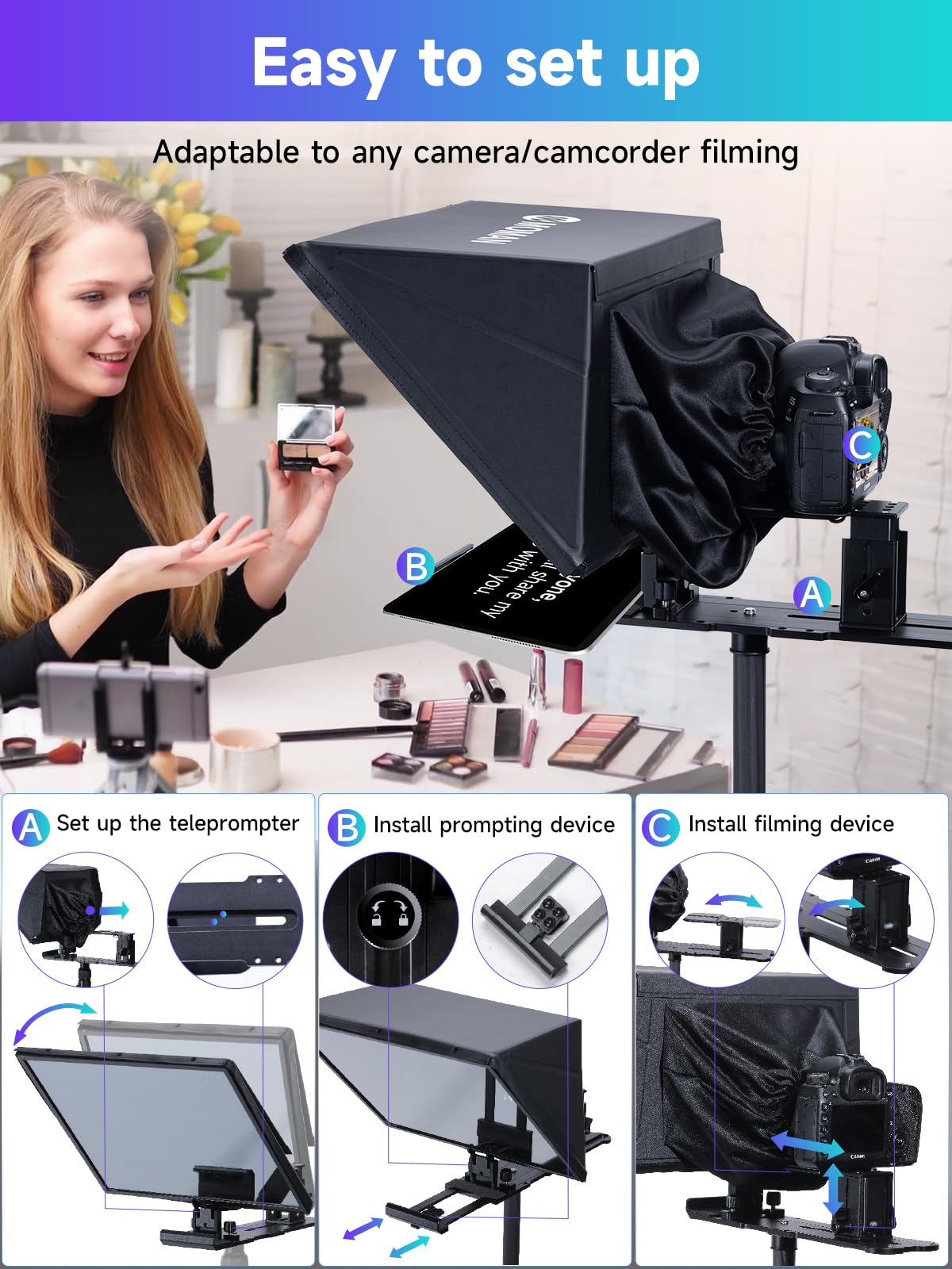 Moman MT16 Teleprompter 16 Zoll – Professioneller Video-Prompter für iPad, Tablet & Smartphone mit App-Steuerung und Fernbedienung für DSLR/Videokameras