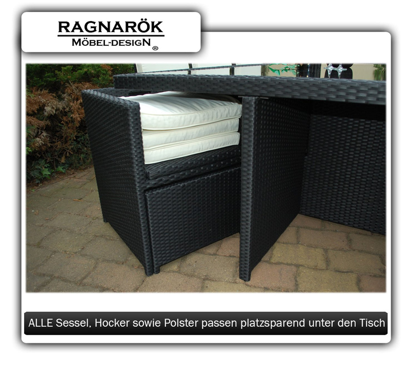 Ragnarök-Möbeldesign PolyRattan Essgruppe - DEUTSCHE Marke - EIGNENE Produktion - 8 Jahre GARANTIE - 6 Stuhl 4 Hocker Garten Möbel Glas Polster schwarz Gartenmöbel Dinning Aluminium Rostfrei
