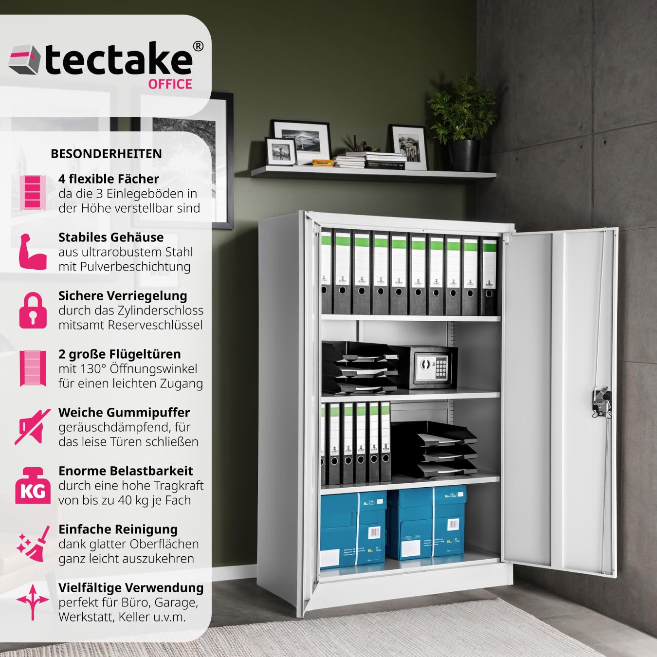 tectake Aktenschrank, Büroschrank abschließbar, Mehrzweckschrank aus Stahl, Allzweckschrank, mit 2 Türen, inkl. 3 höhenverstellbare Einlegeböden, 140x90x40 cm - grau