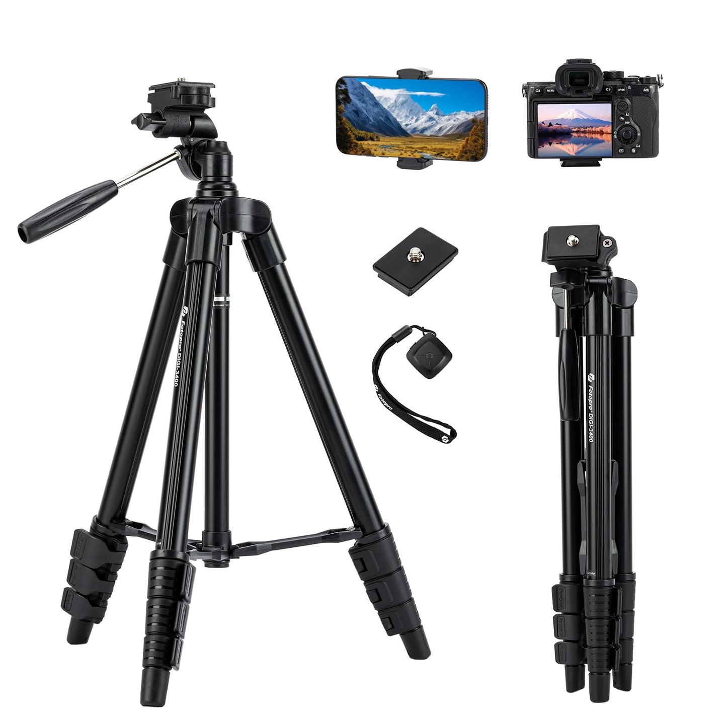 Fotopro DIGI-3400 Kamera Stativ leichtes Aluminium Dreibein Stativ für Smartphone Handystativhalter mit Bubble-Level und Fernauslöser für Phone Stativ Tripod Ständer