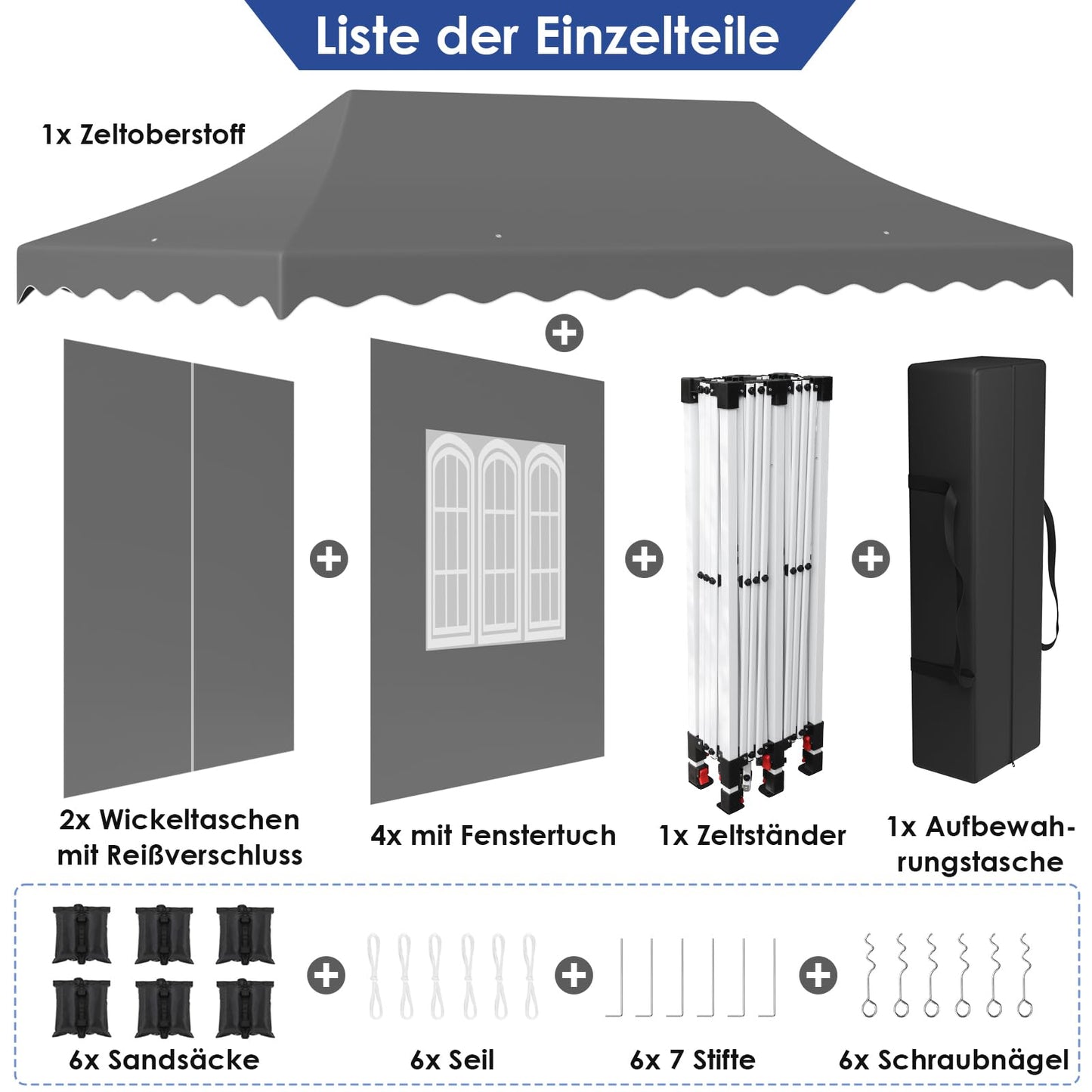 Faltpavillon 3x6 Pavillon Wasserdicht Stabil, Faltbar Gartenzelt 3x6 mit 6 Seitenwänden,UV Schutz 50+ Partyzelt con 12 Erdhaken 6 Seile und 6 Sandsäcke,Gartenpavillon für Markt,Hochzeiten,Freien, Grau