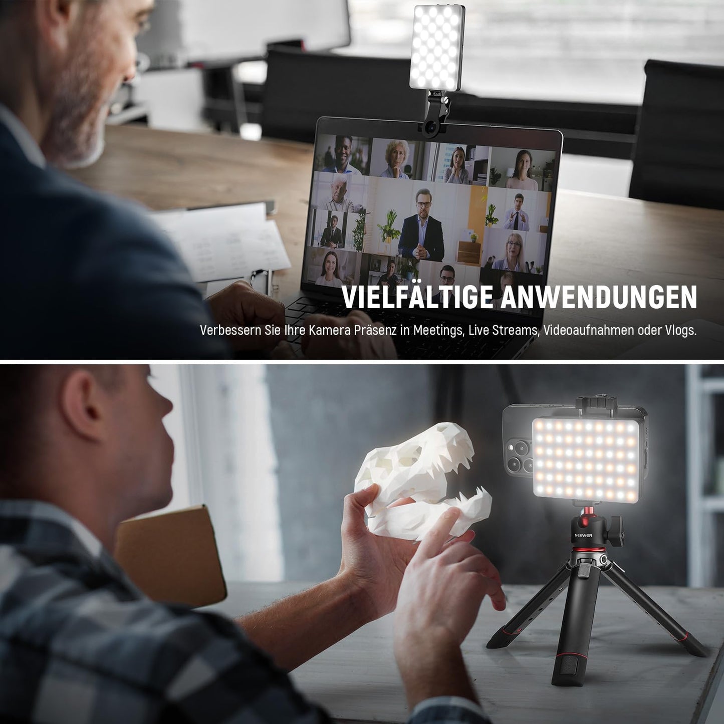 NEEWER Basic Clip On Selfie Licht kompatibel mit iPhone, 2000mAh wiederaufladbares LED Videolicht mit Handy Clamp für Computer Webcam, Laptop, Zoom Videokonferenzen, Make up Fotografie, NL-60AI