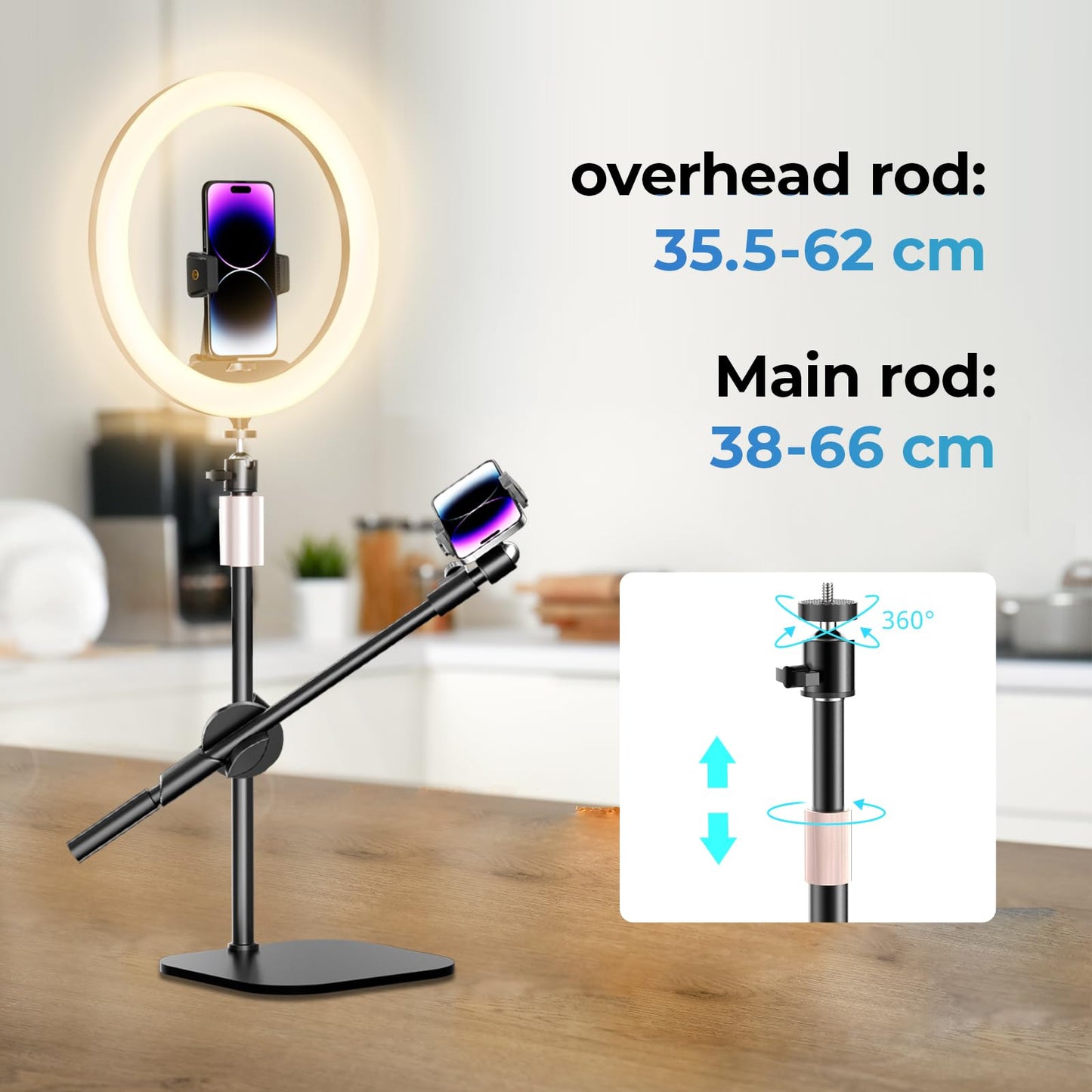 UBeesize 12 Zoll LED Ringlicht mit Stativ Handy, Overhead Stativ Handy mit Ringlicht, Dimmbare LED Tischringlicht für YouTube-Videoaufnahmen, Selfie, Makeup, Tik Tok, Fotografie Kompatibel mit Smartph