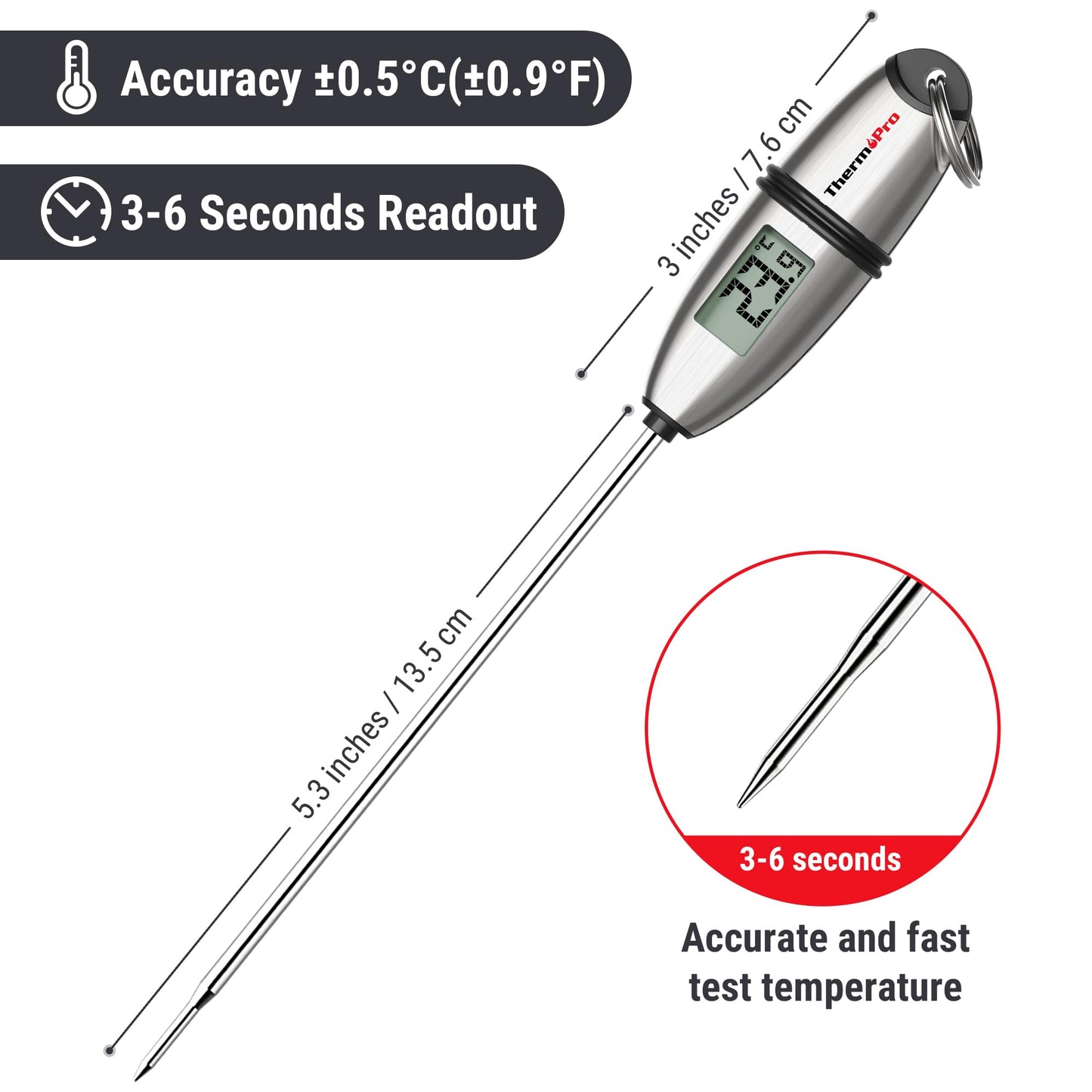 ThermoPro TP02S Digitales Bratenthermometer Fleischthermometer Thermometer Kochen Küchenthermometer Grillthermometer mit langer Sonde, für Braten, Kochen, Grillen/BBQ, Backen, Baby-Ernährung