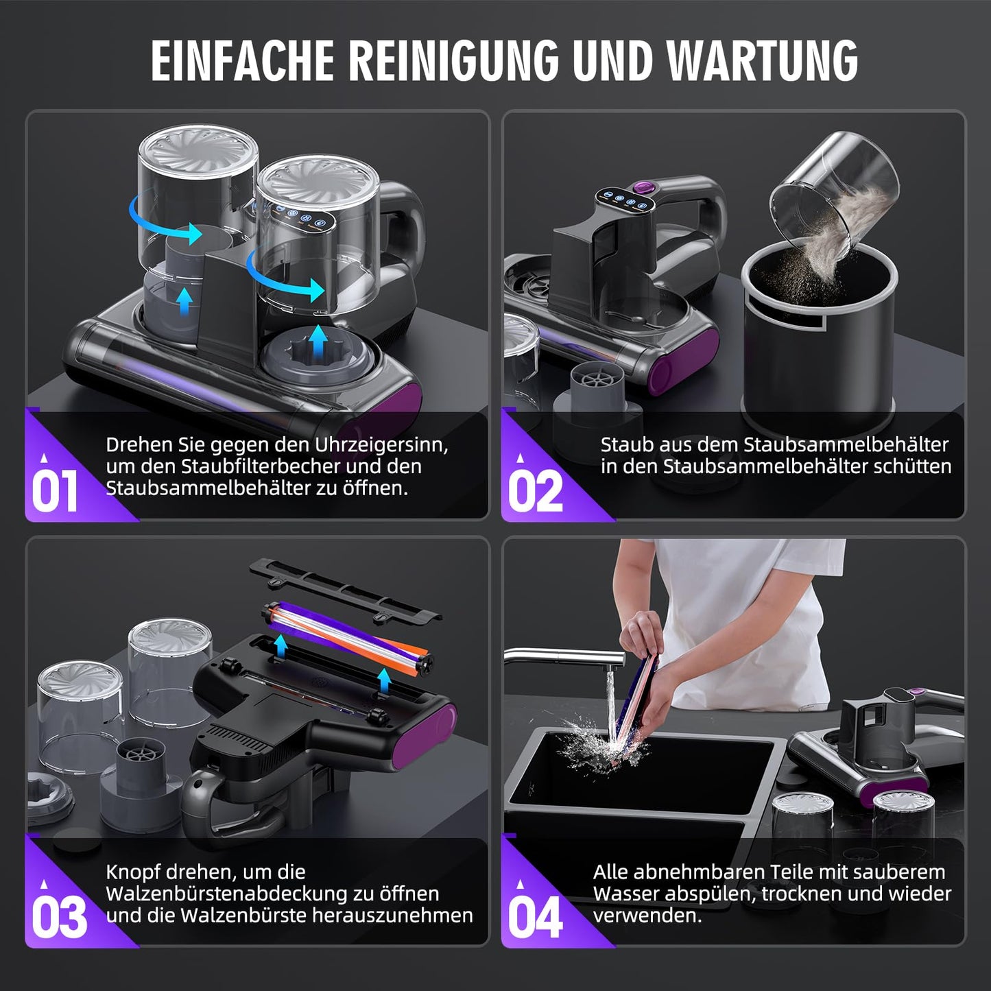 JPHYLL Milbensauger für Matratzen Milbenstaubsauger mit UV-C Licht 16Kpa Absaugung Matratzenreiniger HEPA Filter Ultraschall Hitze Bürstenrolle Technologien Matratzensauger Polstersauger 500W Kabel