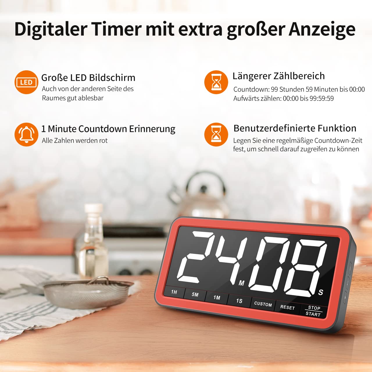 VOCOO Extra große Digitale Zeitschaltuhr: 19,8 cm LED-Bildschirm, starker Magnet, 3 Helligkeit, 4 Alarmtöne, 4 Lautstärken, Countdown Timer für Küche, Klassenzimmer, Fitnessstudio (Schwarz+Orange)