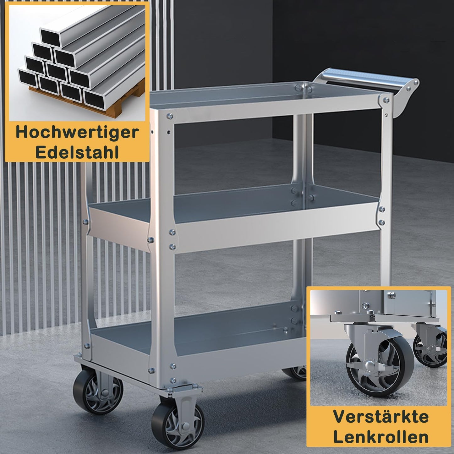 Edelstahl Rollwagen Werkstatt, 3-Etagen Rollbar Montagewagen mit 500kg Tragkraft, Multifunktionaler Materialwagen mit Rollen, Kommissionierwagen, Vielzweckwagen für Garage, Werkstatt, 78 x 46 x 92cm